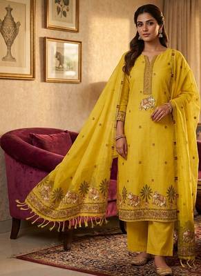 Yellow muga cotton jamdani salwar suit dress material 1