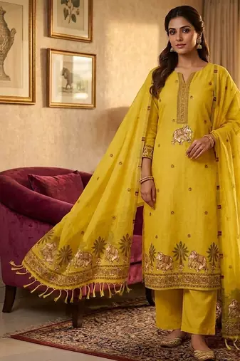Yellow muga cotton jamdani salwar suit dress material