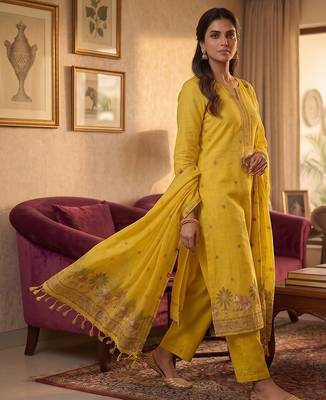 Yellow muga cotton jamdani salwar suit dress material 2