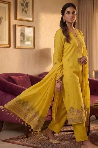 Yellow muga cotton jamdani salwar suit dress material