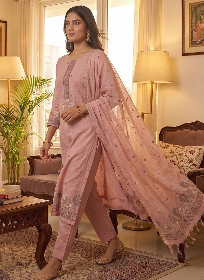 Pink muga cotton jamdani salwar suit dress material