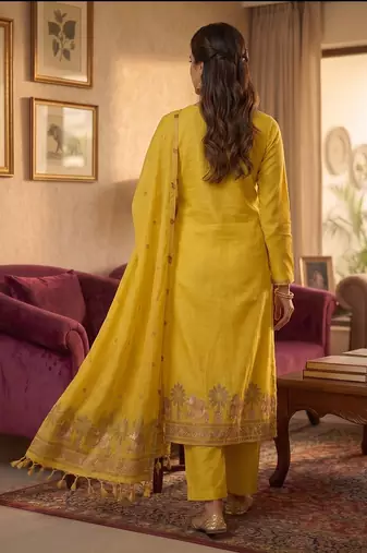 Yellow muga cotton jamdani salwar suit dress material