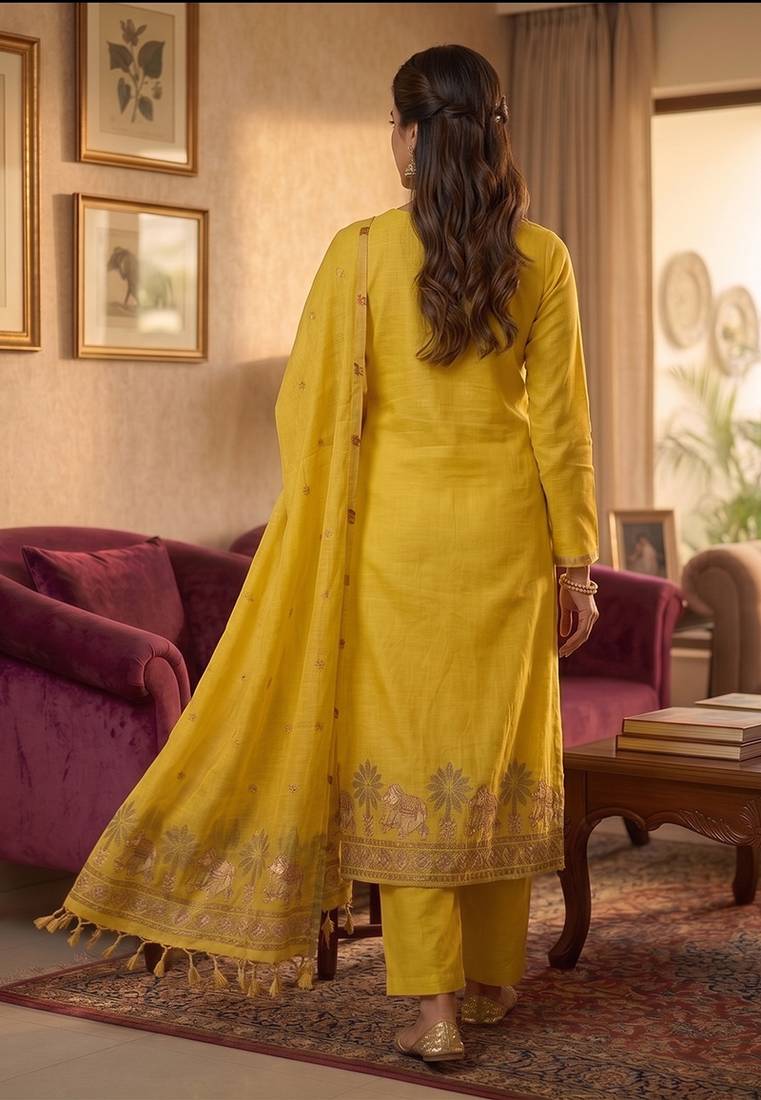 Yellow muga cotton jamdani salwar suit dress material