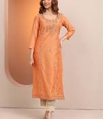 Women floral embroidered thread work chanderi silk kurta