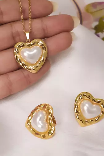 Pearl heart pendant necklace set with matching earrings for women