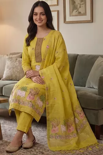 Yellow muga cotton jamdani salwar suit dress material