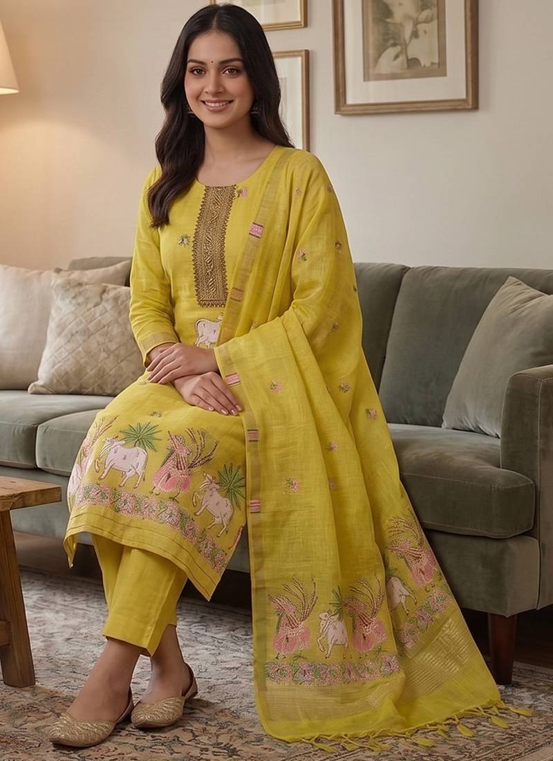 Yellow muga cotton jamdani salwar suit dress material