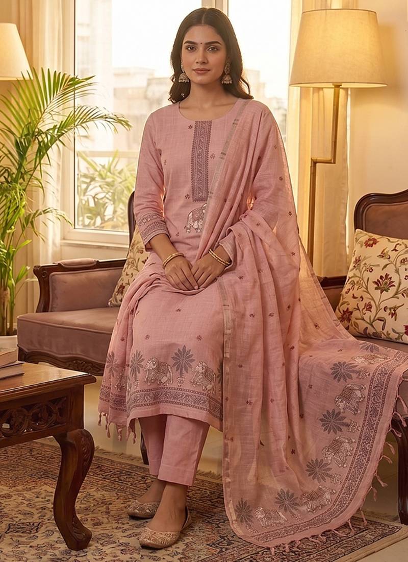Pink muga cotton jamdani salwar suit dress material