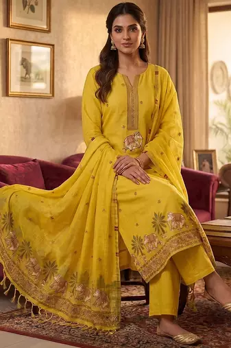 Yellow muga cotton jamdani salwar suit dress material