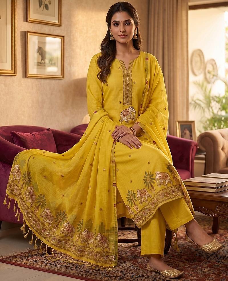Yellow muga cotton jamdani salwar suit dress material