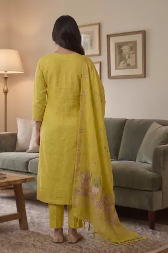 Yellow muga cotton jamdani salwar suit dress material