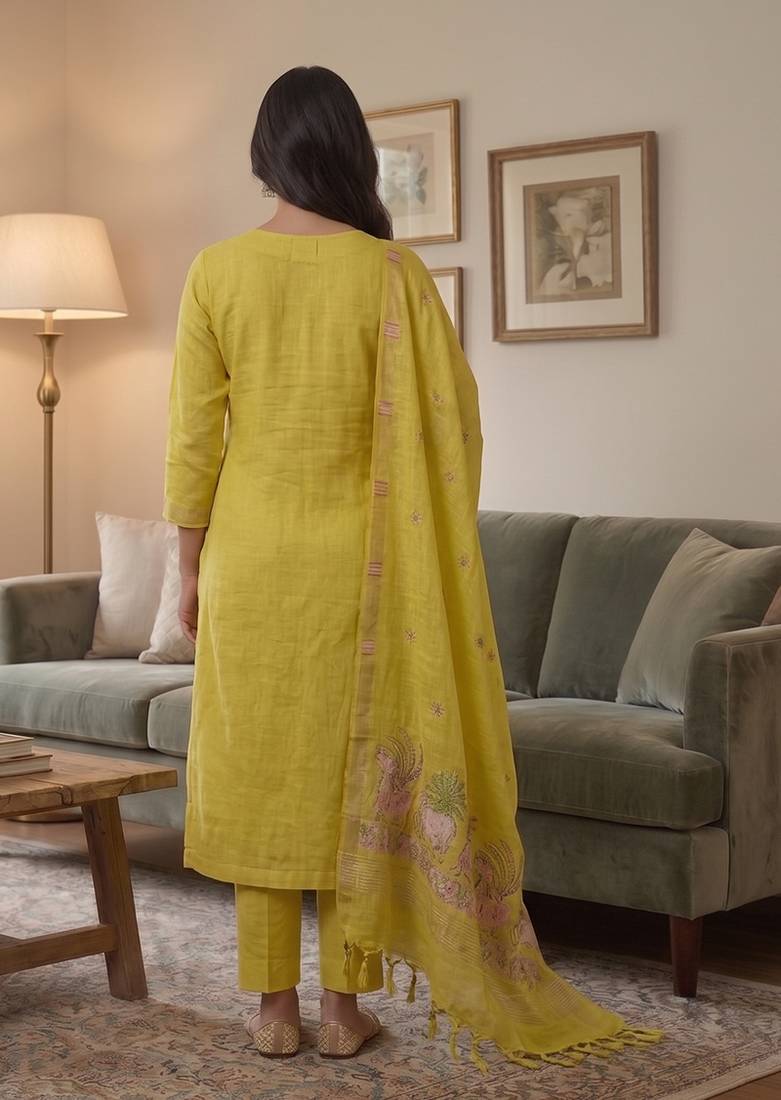 Yellow muga cotton jamdani salwar suit dress material