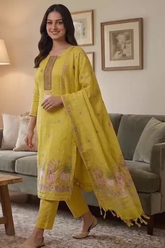 Yellow muga cotton jamdani salwar suit dress material