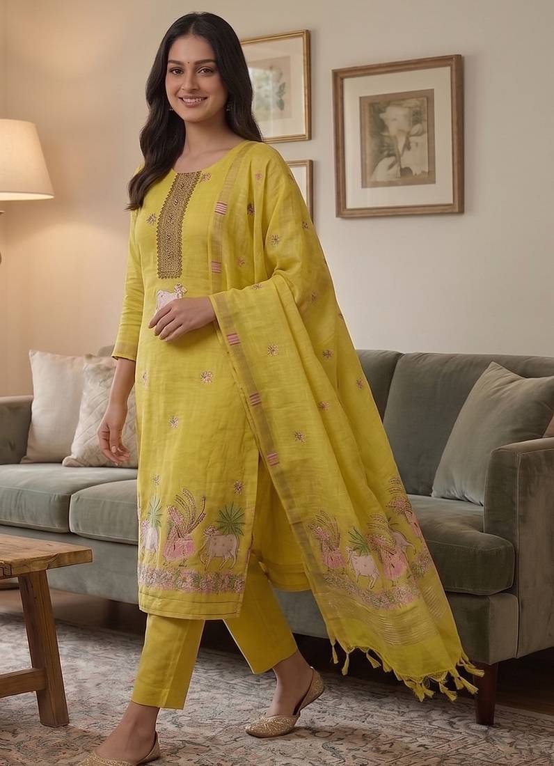 Yellow muga cotton jamdani salwar suit dress material