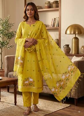 Yellow muga cotton jamdani salwar suit dress material 1