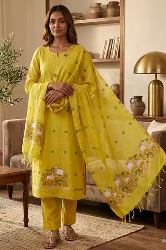 Yellow muga cotton jamdani salwar suit dress material