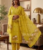 Yellow muga cotton jamdani salwar suit dress material