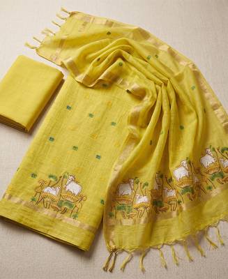 Yellow muga cotton jamdani salwar suit dress material 2