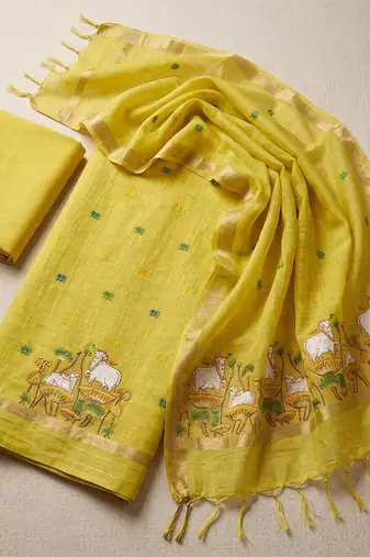 Yellow muga cotton jamdani salwar suit dress material