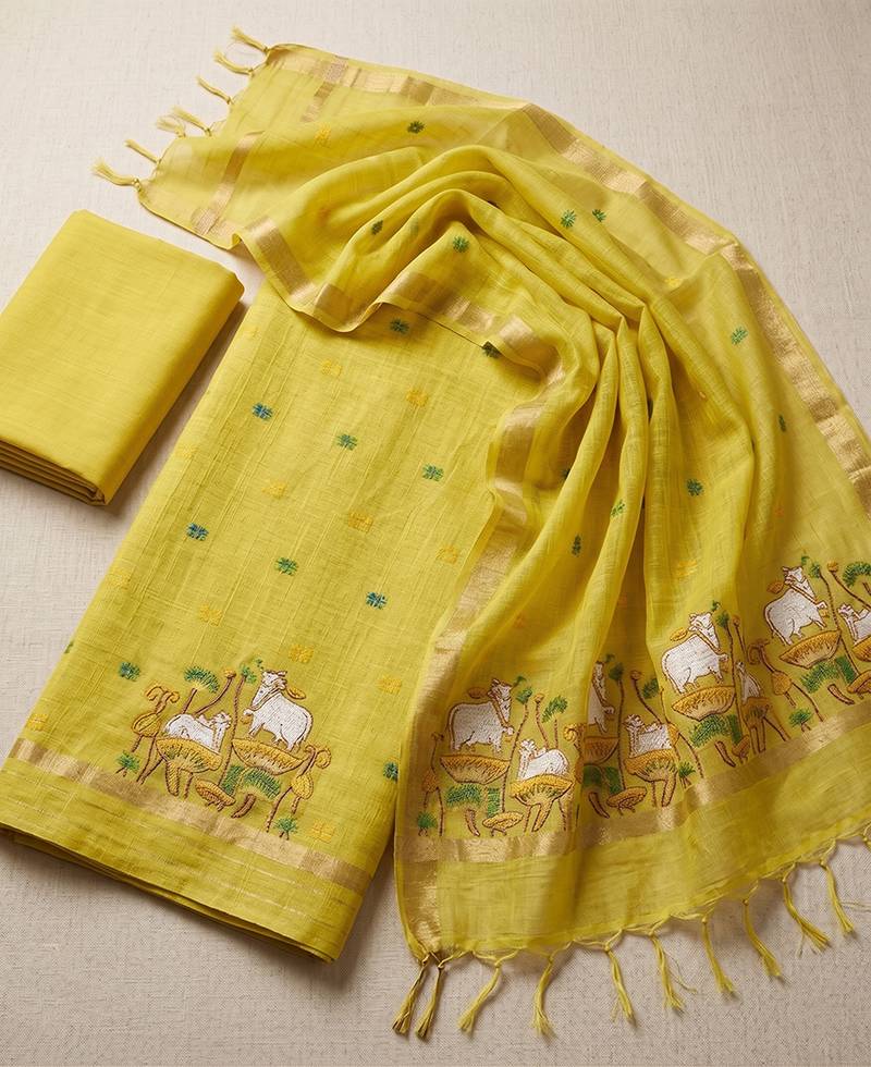 Yellow muga cotton jamdani salwar suit dress material