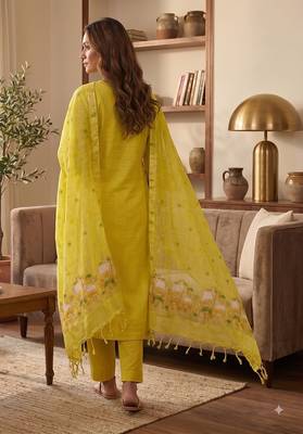 Yellow muga cotton jamdani salwar suit dress material 3