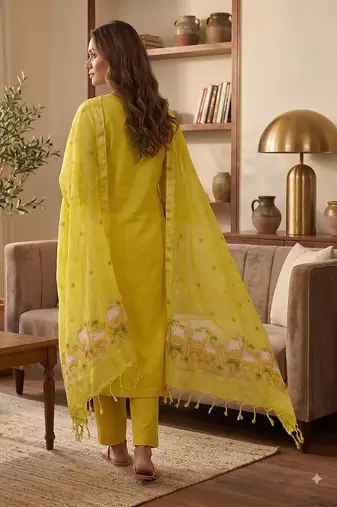 Yellow muga cotton jamdani salwar suit dress material