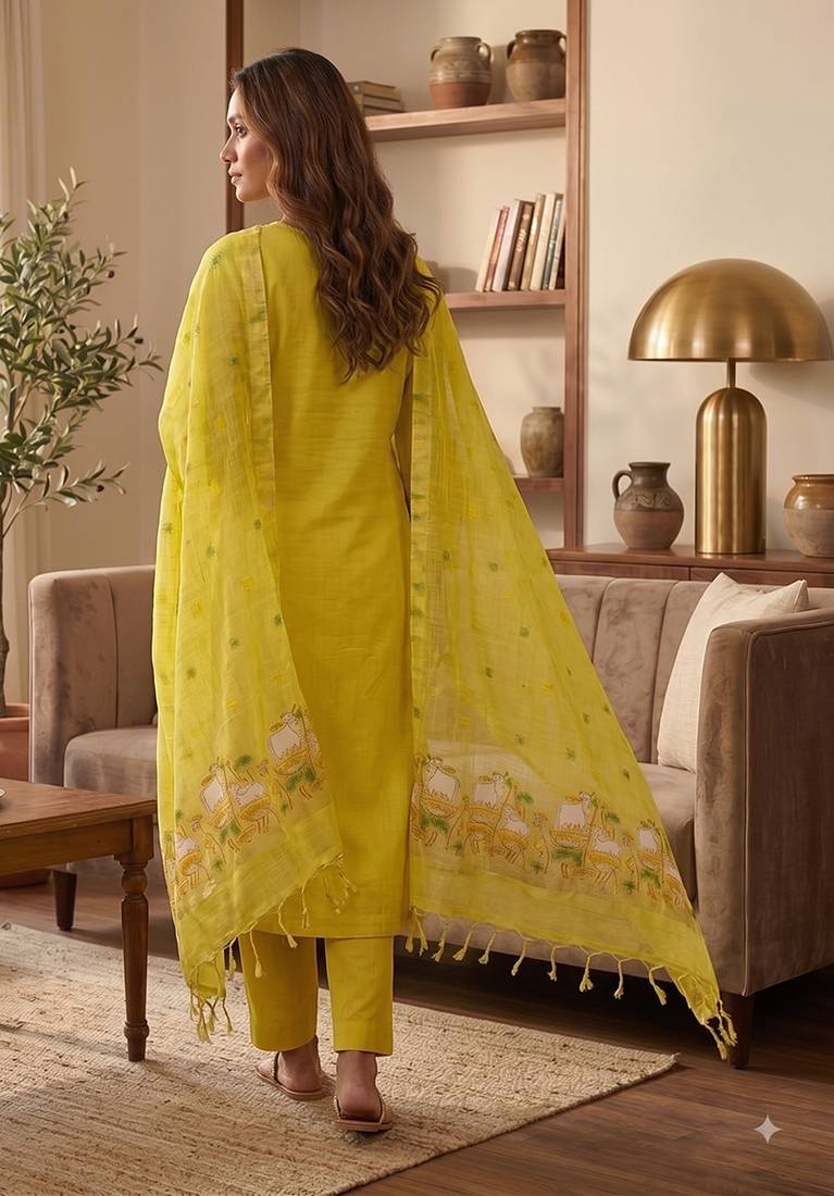 Yellow muga cotton jamdani salwar suit dress material