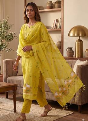 Yellow muga cotton jamdani salwar suit dress material 4
