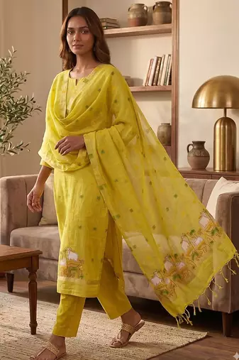 Yellow muga cotton jamdani salwar suit dress material