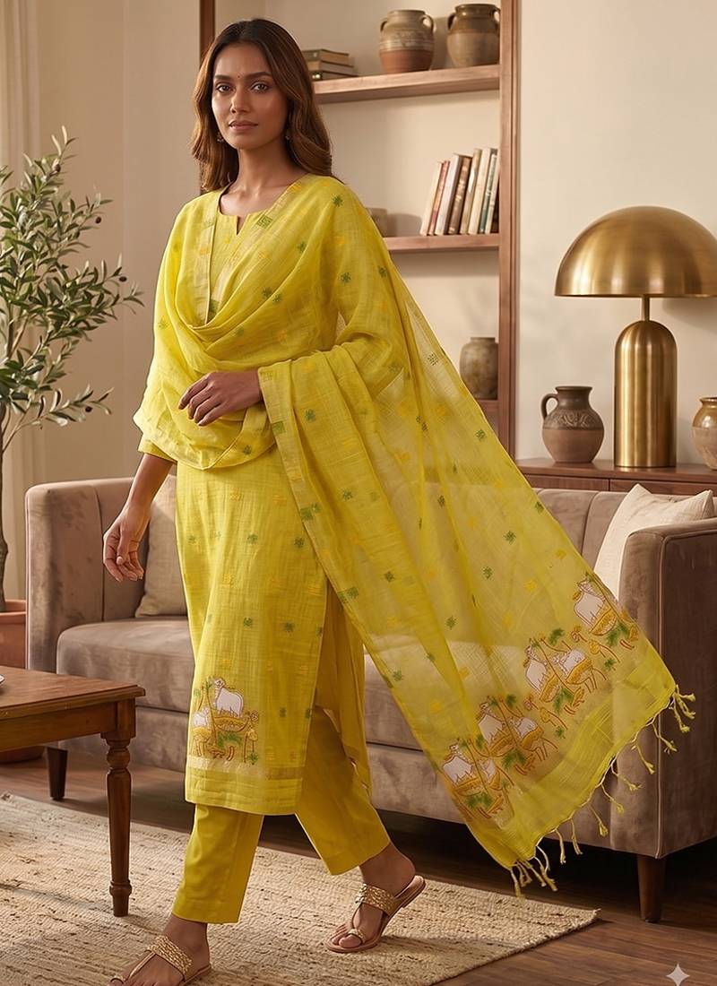 Yellow muga cotton jamdani salwar suit dress material