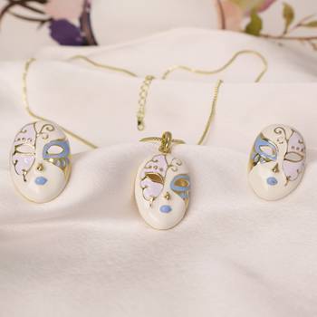 White & blue enamel venetian mask pendant necklace set with matching earrings 1
