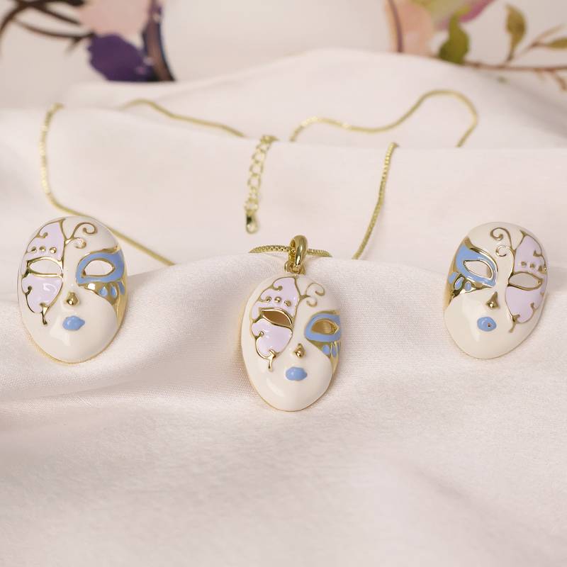 White & blue enamel venetian mask pendant necklace set with matching earrings