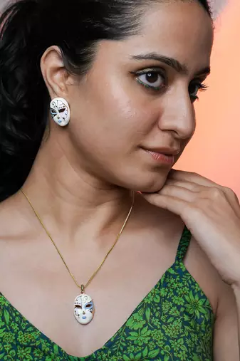 White & blue enamel venetian mask pendant necklace set with matching earrings