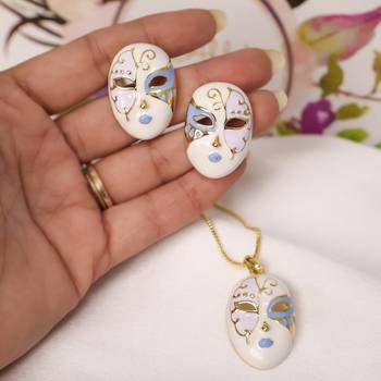 White & blue enamel venetian mask pendant necklace set with matching earrings 3