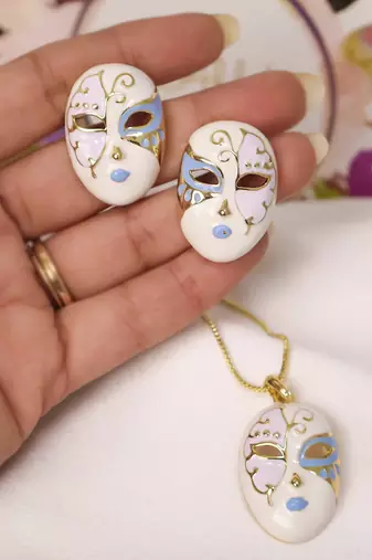 White & blue enamel venetian mask pendant necklace set with matching earrings