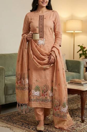 Peach muga cotton jamdani salwar suit dress material