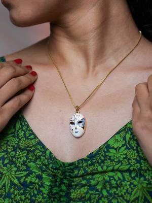 White & blue enamel venetian mask pendant necklace set with matching earrings 5