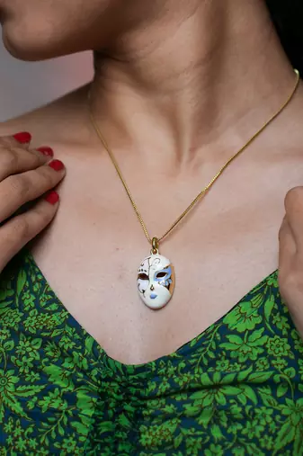 White & blue enamel venetian mask pendant necklace set with matching earrings