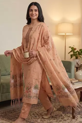 Peach muga cotton jamdani salwar suit dress material