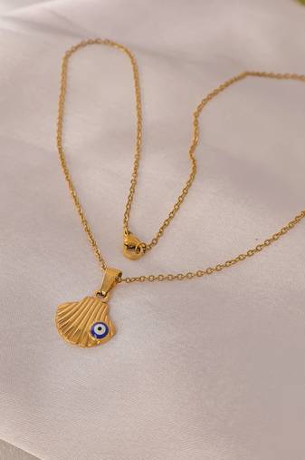 Evil eye scallop sea shell pendant necklace for women | anti-tarnish gold plated stainless steel