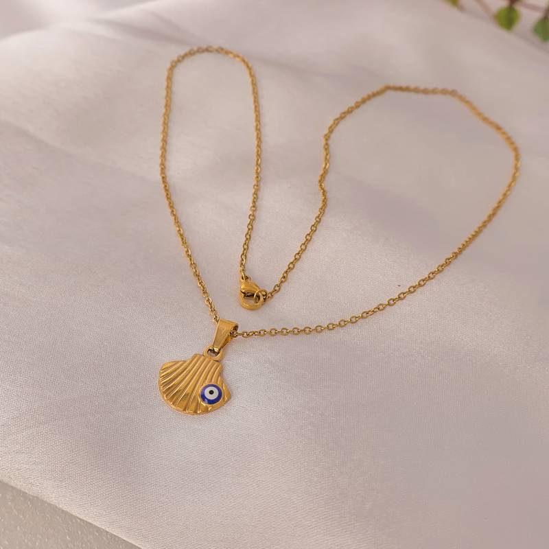 Evil eye scallop sea shell pendant necklace for women | anti-tarnish gold plated stainless steel