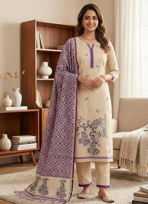 Cream muga cotton jamdani salwar suit dress material 1