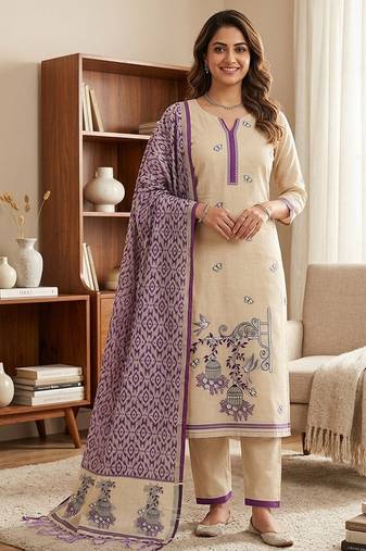 Cream muga cotton jamdani salwar suit dress material