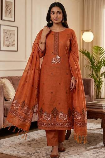 Orange muga cotton jamdani salwar suit dress material