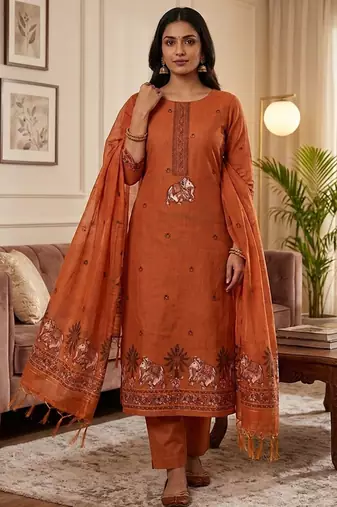 Orange muga cotton jamdani salwar suit dress material