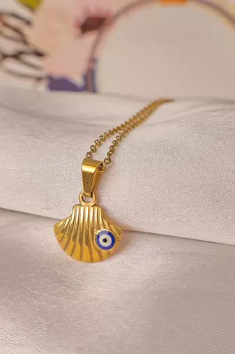 Evil eye scallop sea shell pendant necklace for women | anti-tarnish gold plated stainless steel