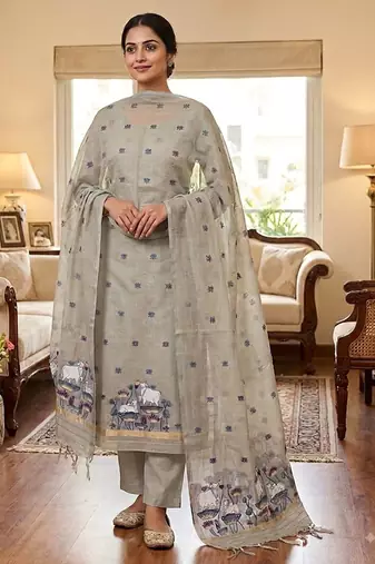 Grey muga cotton jamdani salwar suit dress material