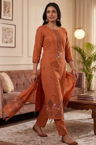 Orange muga cotton jamdani salwar suit dress material