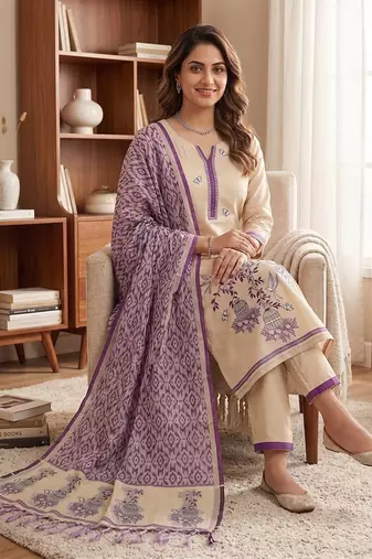 Cream muga cotton jamdani salwar suit dress material
