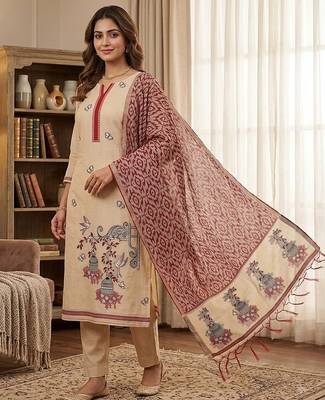 Cream muga cotton jamdani salwar suit dress material 1